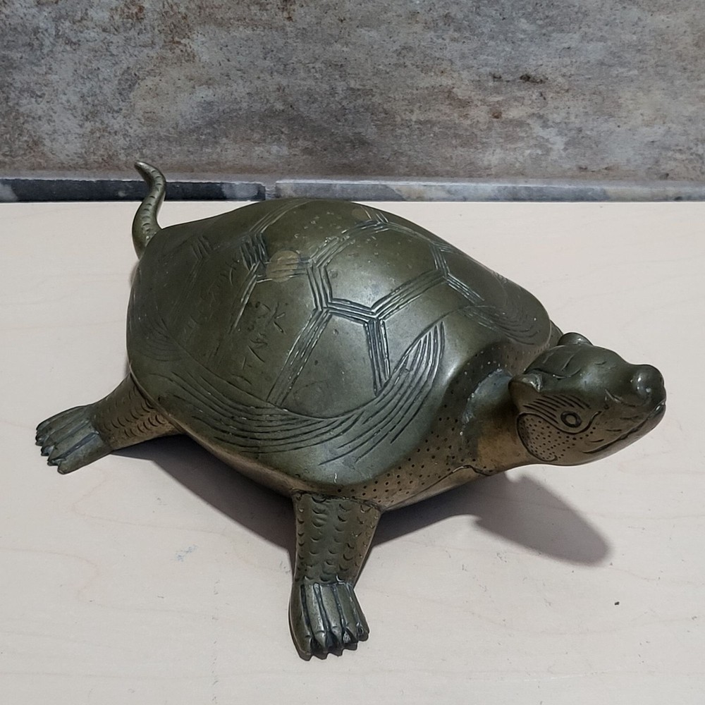 Vintage Etched Solid Brass Turtle Longevity Animal Tortoise