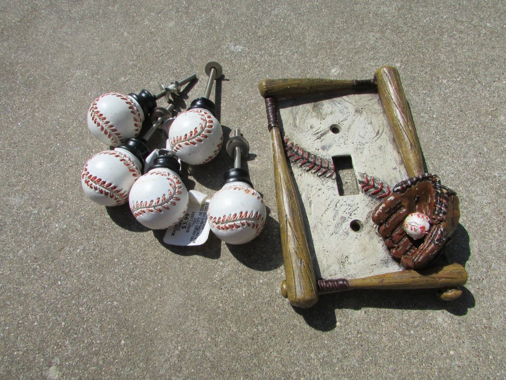 Lot of 5 Round BASEBALL Pull Knobs & 1-Toggle Light Switch Cover Child's Room
