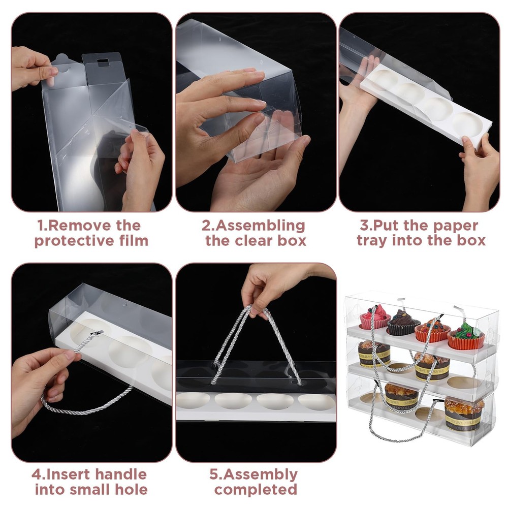24 Pcs Clear Cupcake Boxes with Handle 12x3x3 Inch Rectangular Container Muffin