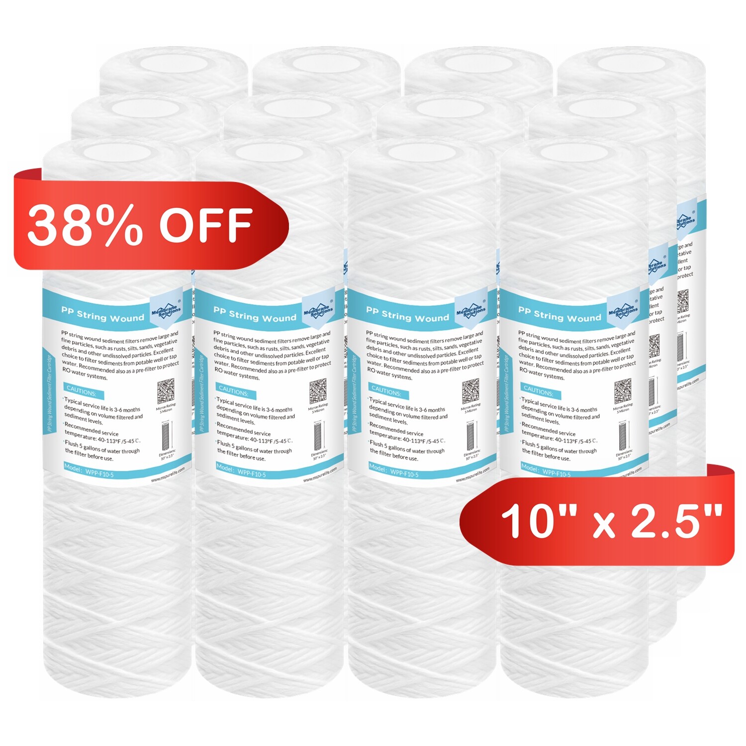 10" x 2.5" String Wound Whole House Sediment Water Filter 1/5/10/20/30/50 Micron