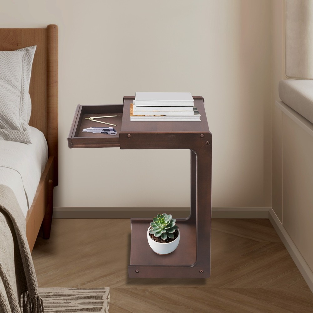 2-Tier Solid Wood C-Shaped Side Table with Drawer and Lockable Wheels