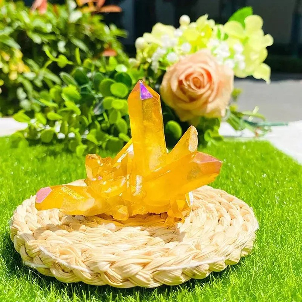 Healing Mineral Specimen Natural Aura Yellow Citrine Crystal Titanium Cluster US