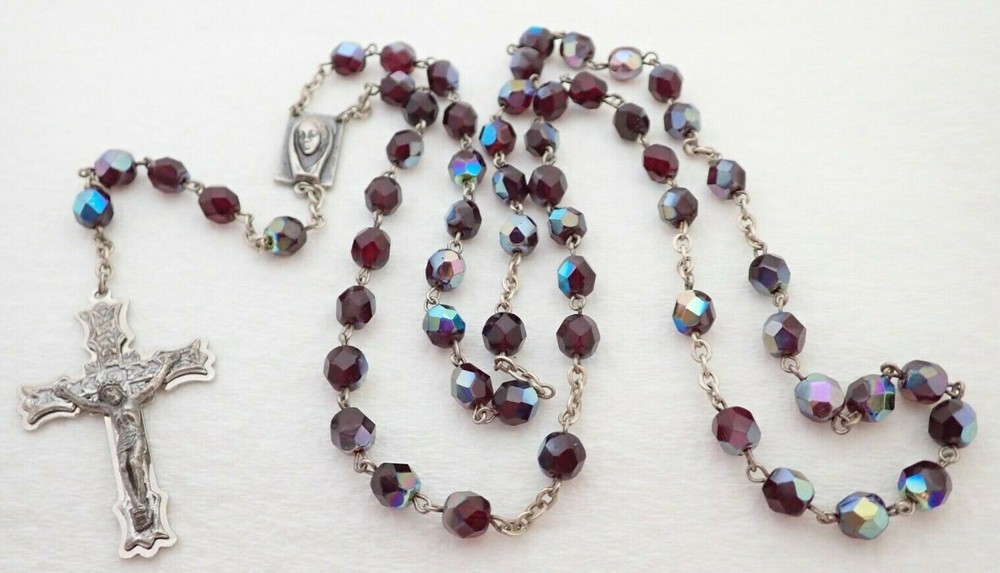 Vintage Red Aurora Borealis Glass Beaded Religious Cross Rosary
