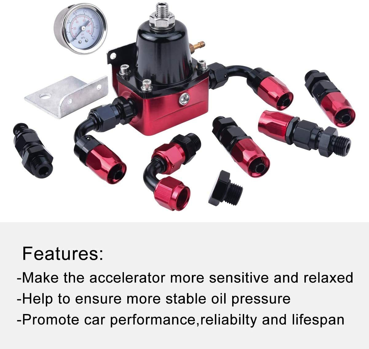 LokoCar Adjustable Fuel Pressure Regulator Kit Oil 0-100psi Gauge -6AN Black Red
