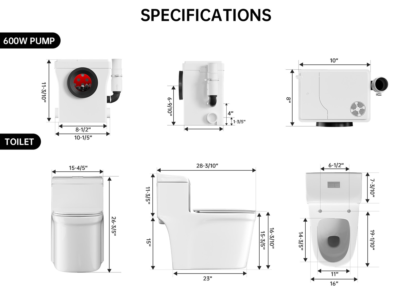 600W One Piece Macerating Toilet System Upflush Toilet w/ 3 Inlets for Basement