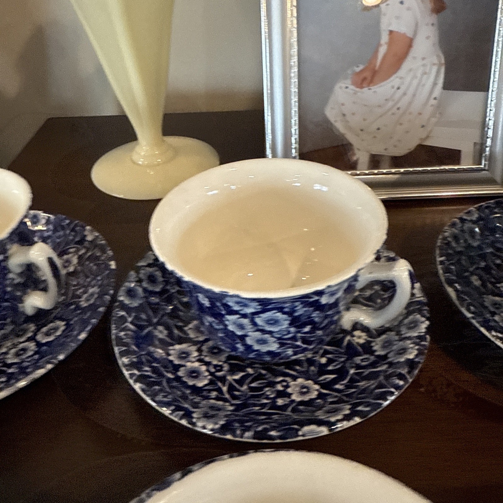 Vintage ROYAL CROWNFORD Blue Calico Cup & Saucer 13 Sets Sold Each Excellent