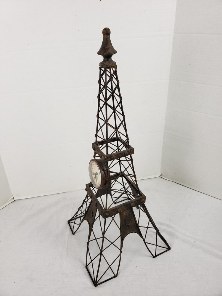 Eiffel Tower Wire Sculpture Statue with Working Clock 25" Rustic