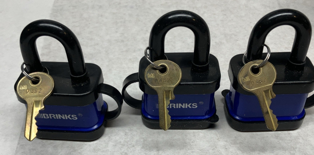 Three Brinks Blue Covered Outdoor Padlock Keyed Alike