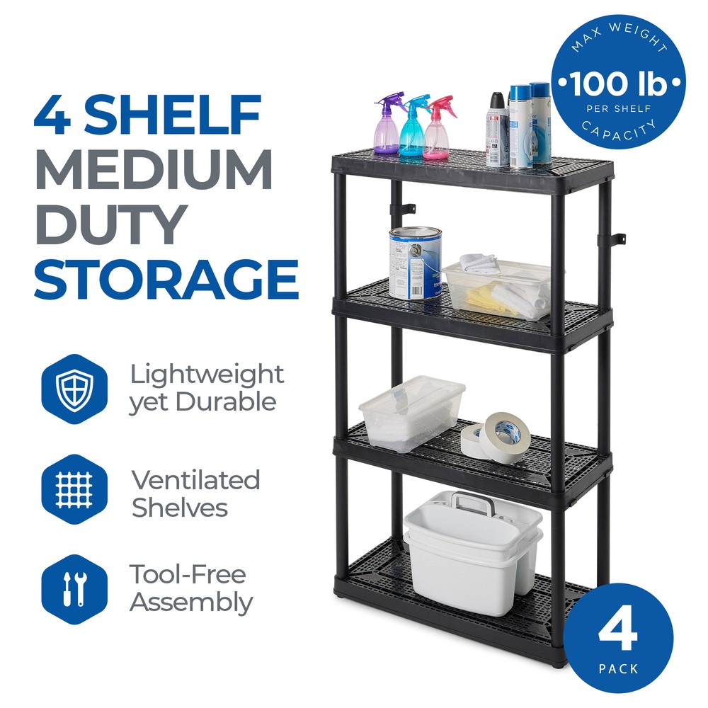 Gracious Living 4 Shelf Fixed Height Medium Duty Storage Unit, Black (4 Pack)