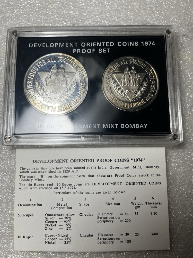 1974 India Development Oriented Proof Silver 2 Pc 50 & 10 Rupee Coins Set +Box