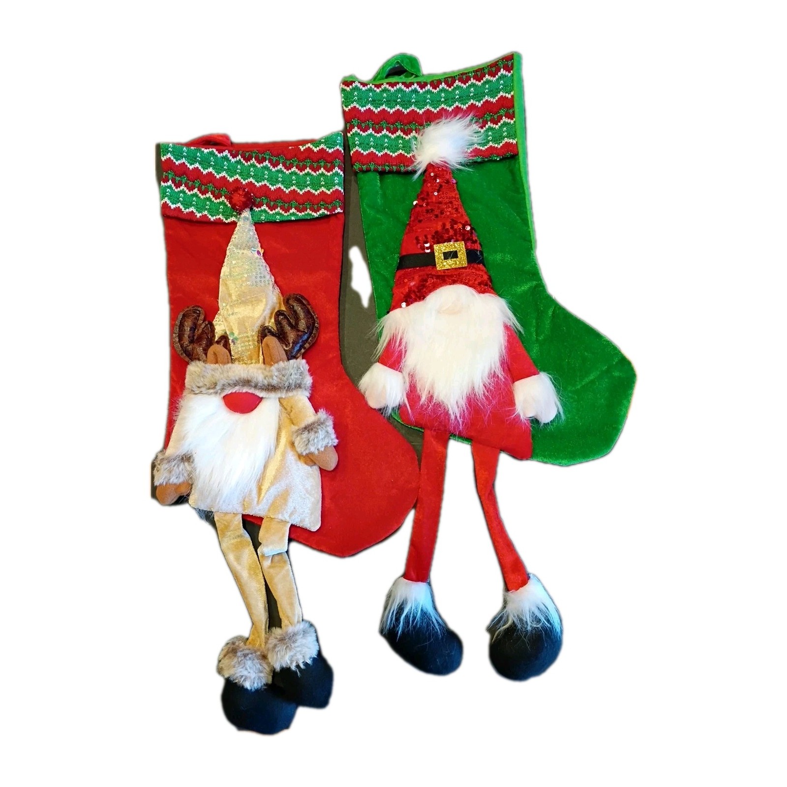 Gnomes Hanging Xmas Stockings Set Of 2 Red & Green Santa & reindeer 18 in 3D