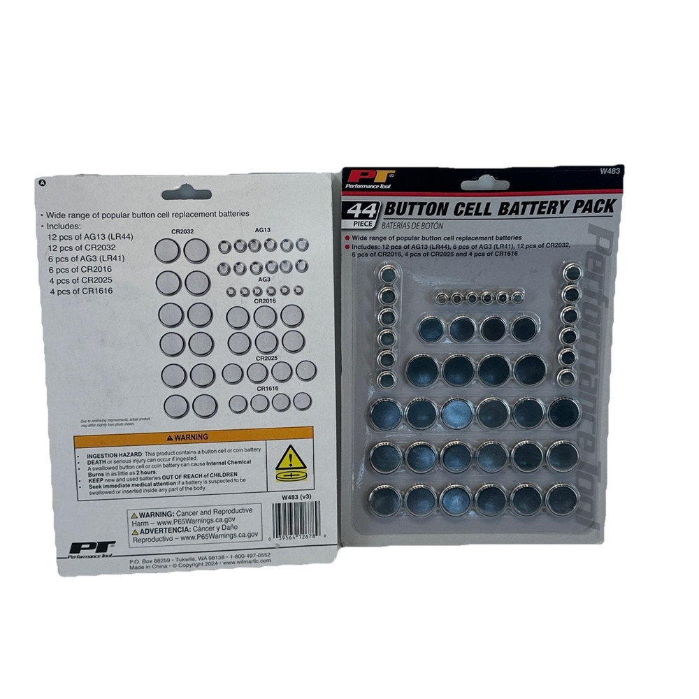 44 Piece Button Cell Battery Variety Pack W483 by Performance Tool 2 Pack
