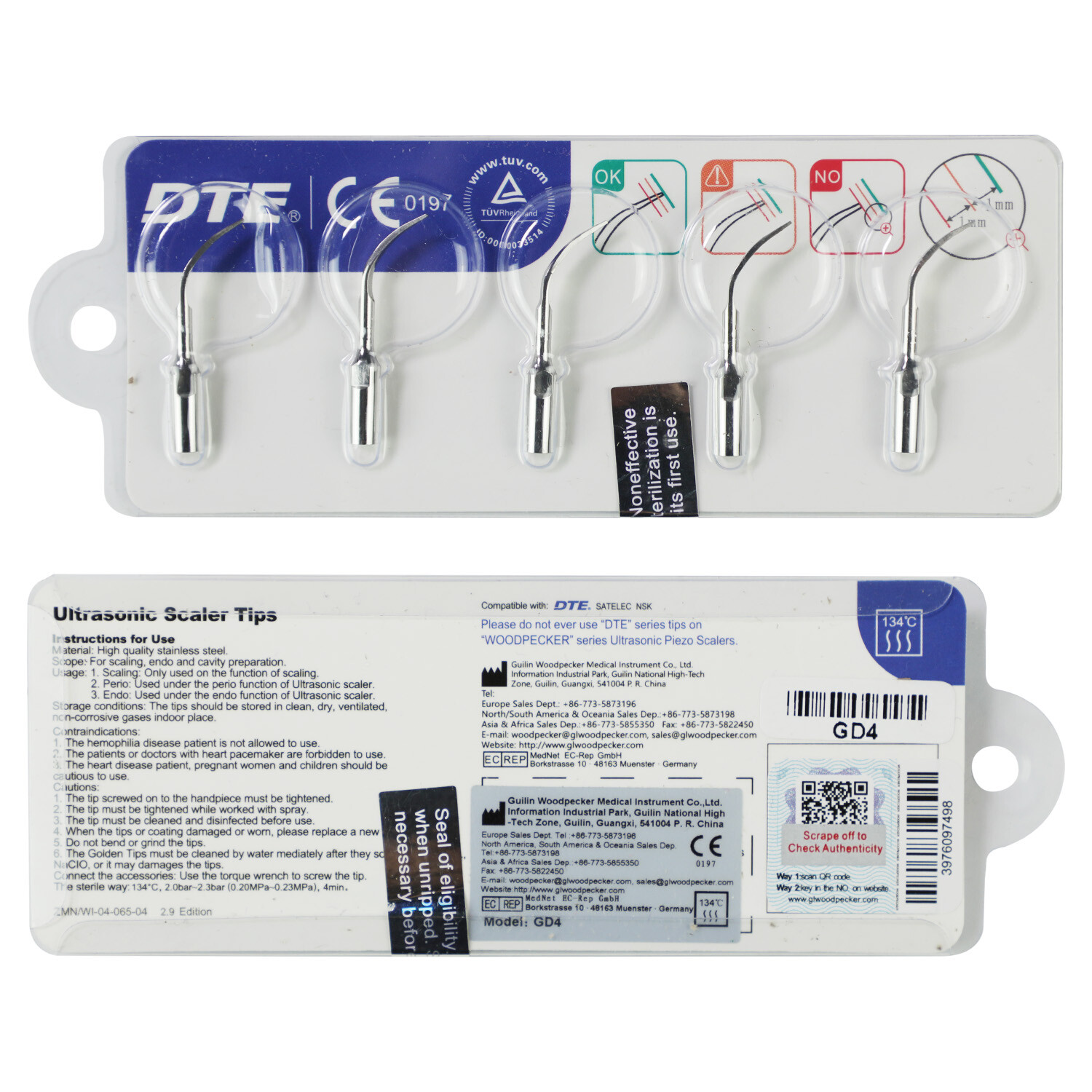 Woodpecker DTE Dental Ultrasonic Scaler Scaling Endo Perio Tips E ED G GD P PD