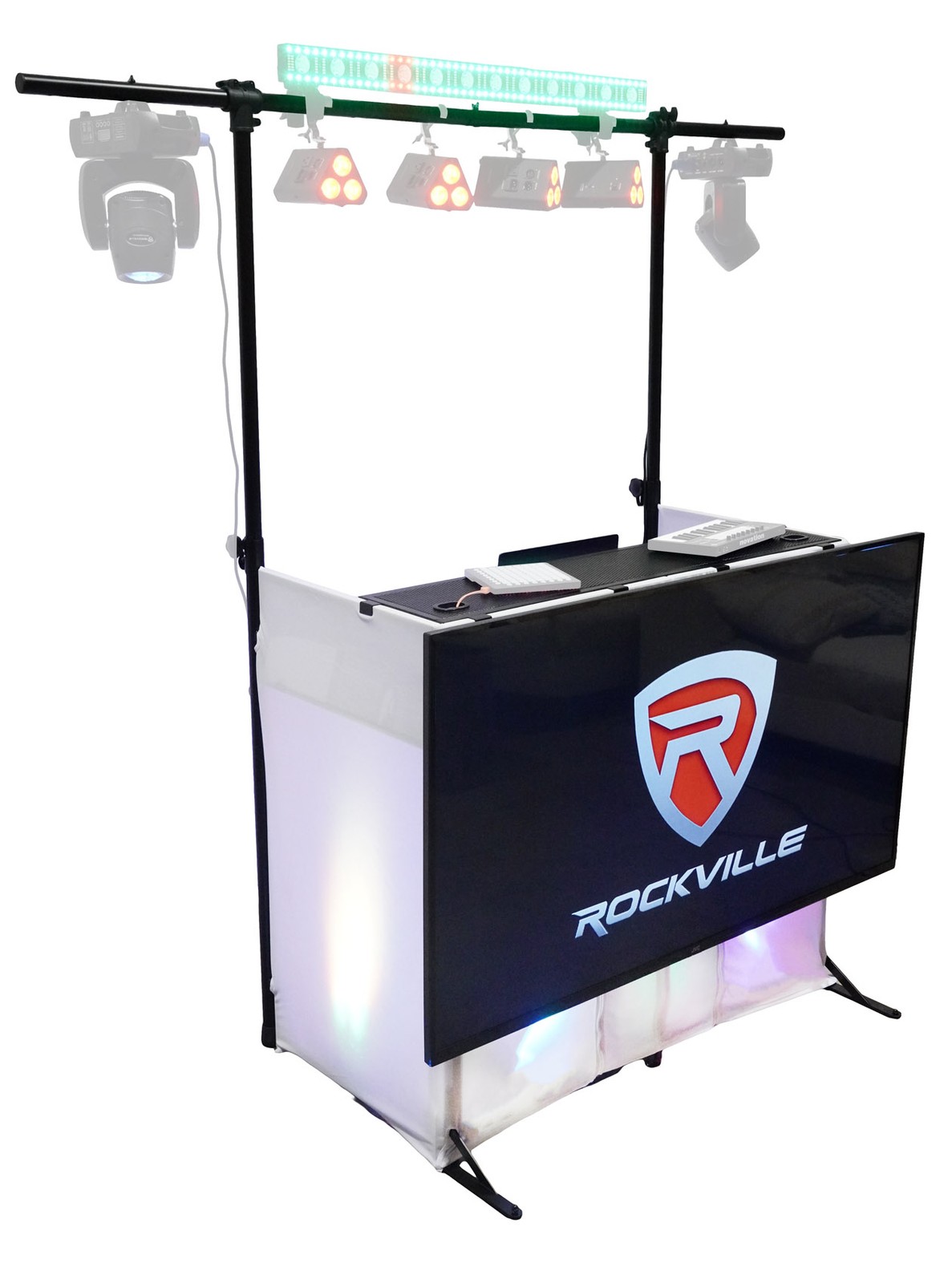 Rockville ROCKBOOTH PRO PACK DJ Booth Table Facade w/70" TV Mount+Lighting Truss