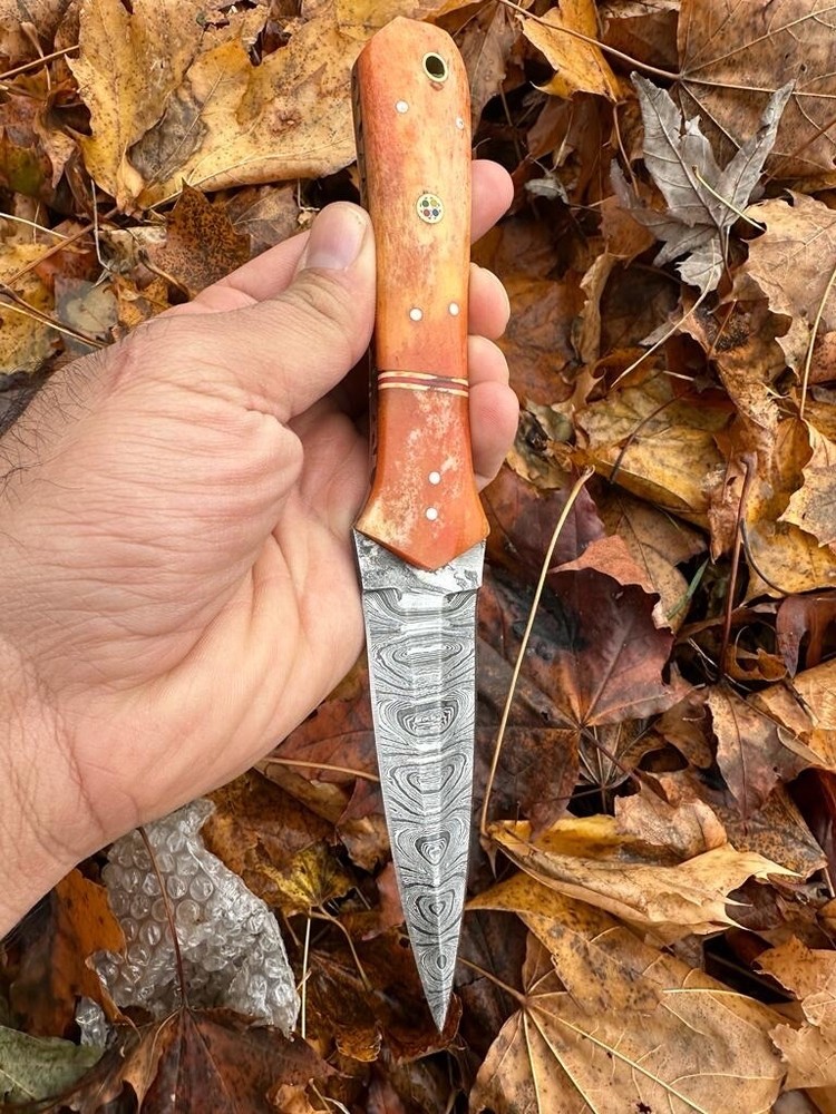 Custom Double-Edged Damascus steel Dagger boot Knife Hunter Camel Bone Handle