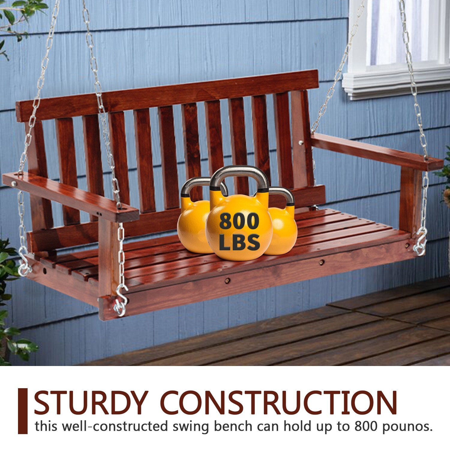 Wooden Porch Swing Heavy Duty 800lb Weight Capacity Swing Bench w/Hanging Chains