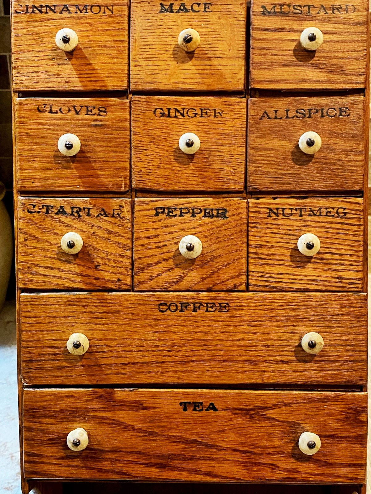 Antique OAK Wood Apothecary Spice Cabinet Primitive 11 Labeled Drawers 24" x 10"