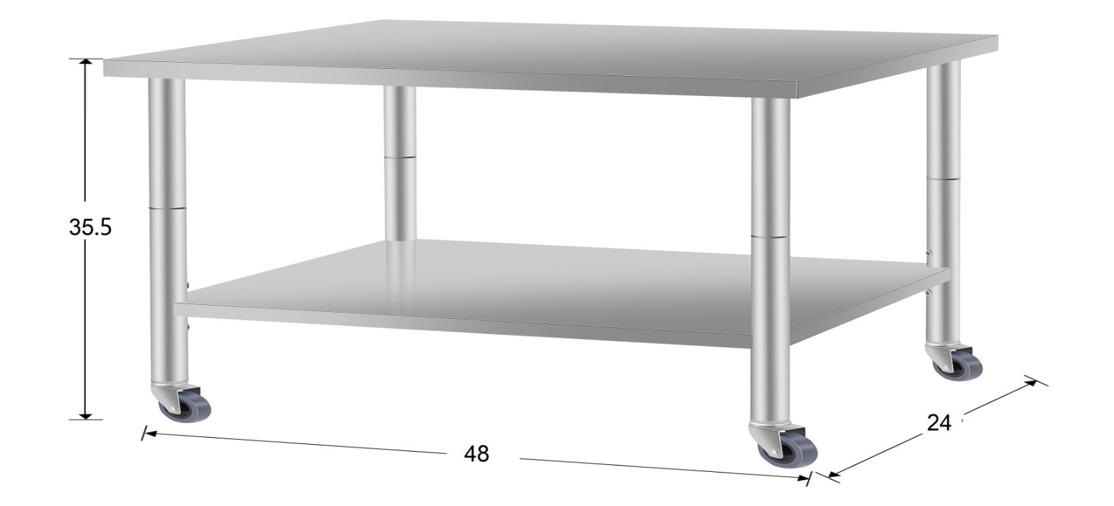 Stainless steel work prep table on wheels 48x24 inches for kitchen or garage