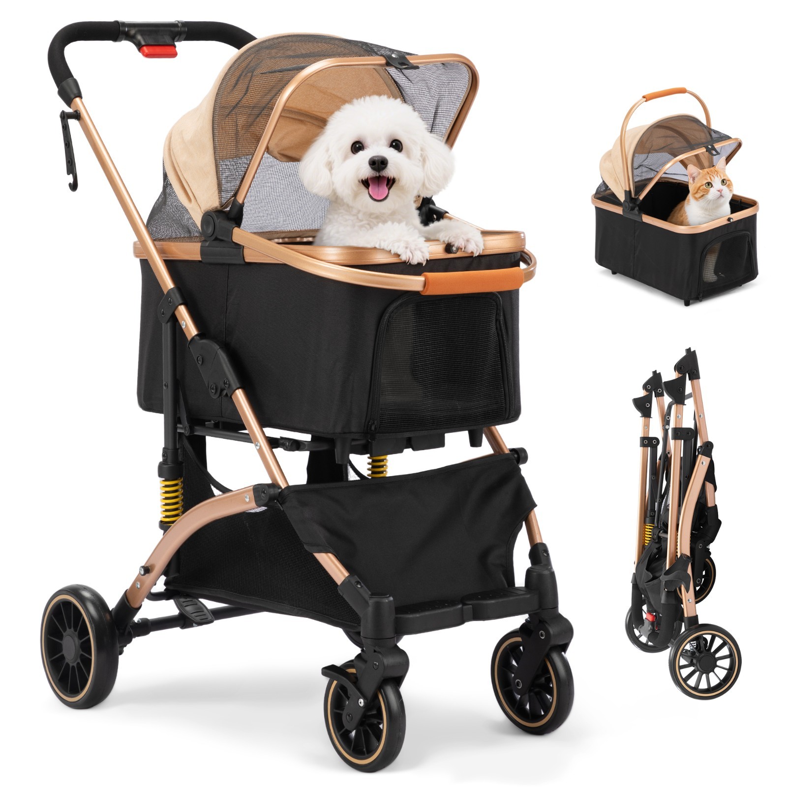 3-in-1 Foldable 4-Wheel Dog Pet Stroller Lightweight with Basket & Cup Holder