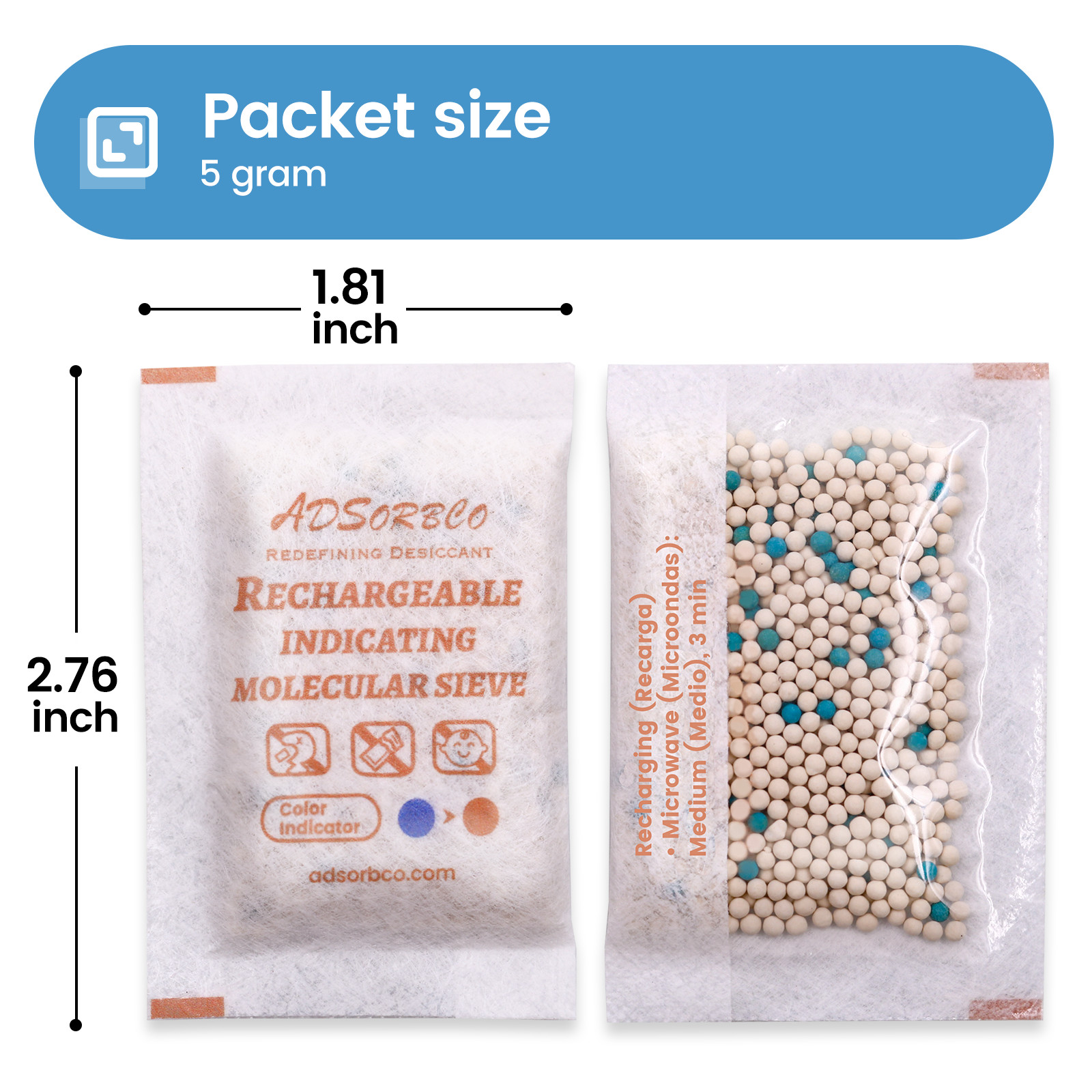 [5 Gram 50 Packages] Adsorbco Rechargeable Molecular Sieve Desiccant Packs