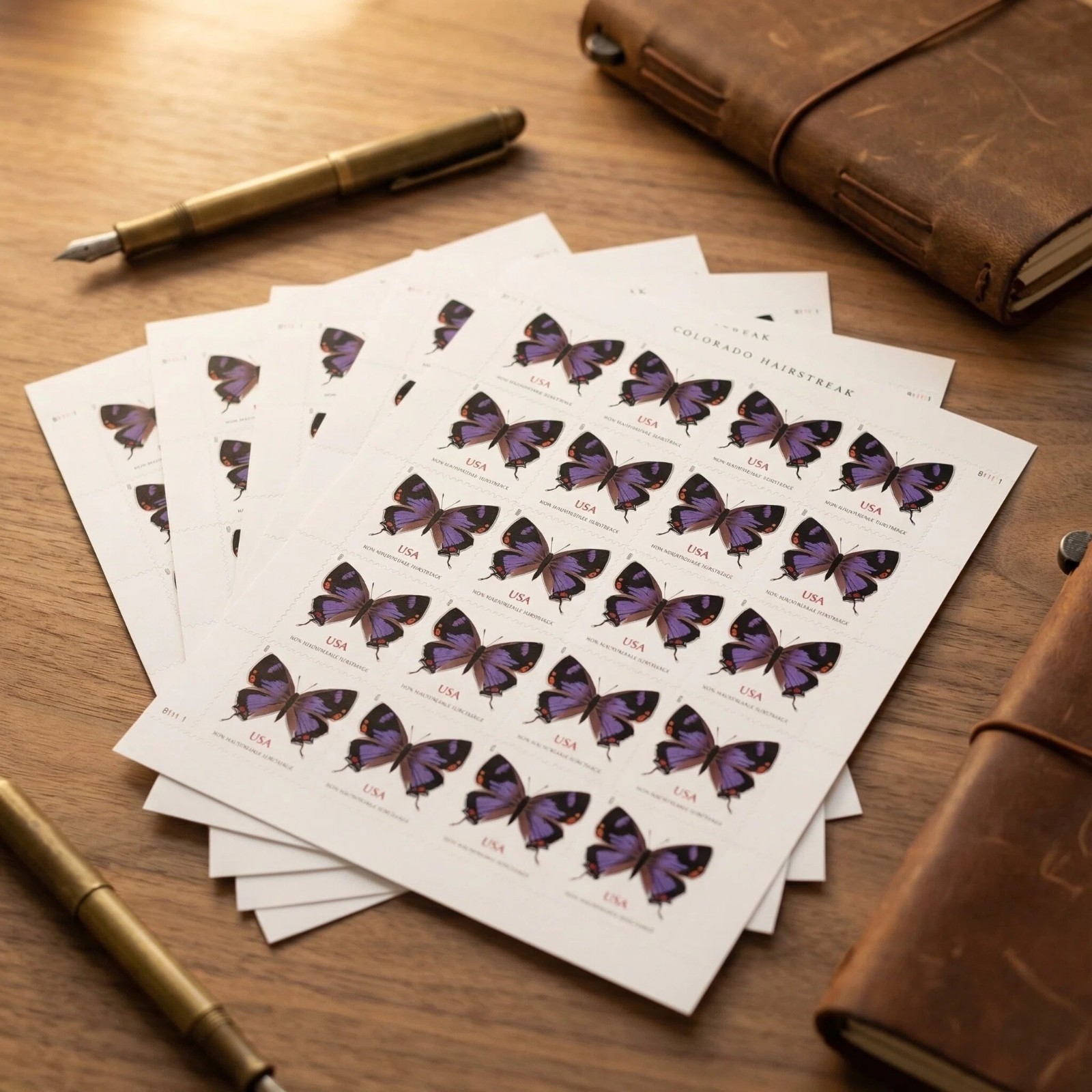 5 SHEETS PURPLE COLORADO HAIRSTREAK - NON-MACHINABLE USPS STAMPS - 100 TOTAL
