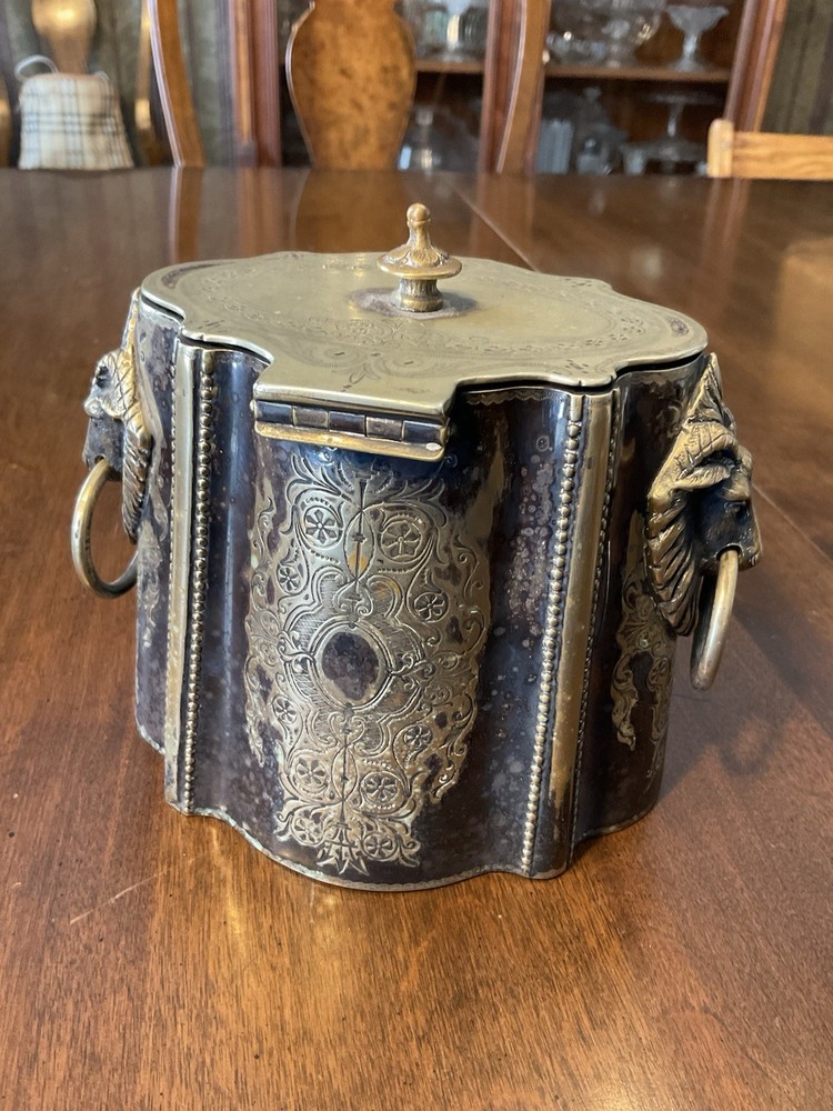 Antique Victorian Silverplate Silver Biscuit Tin / Tea Caddy Rams Head Etched