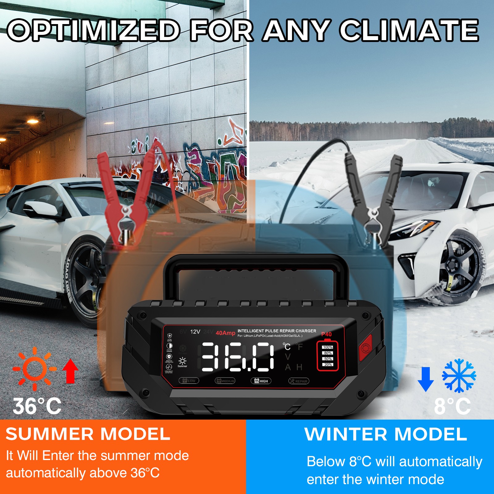 40-Amp Battery Charger, 12V/24V Lead Acid LiFePO4 Smart Battery Trickle Charger