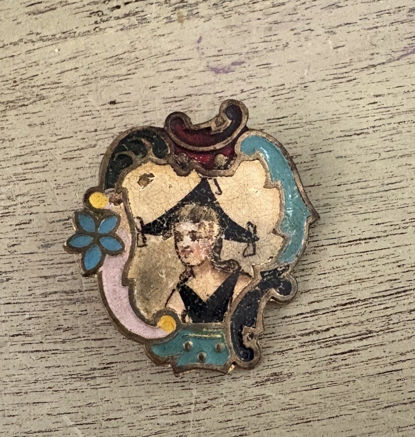 Antique 1800s  Brass Champleve Enamel Portrait BUTTON