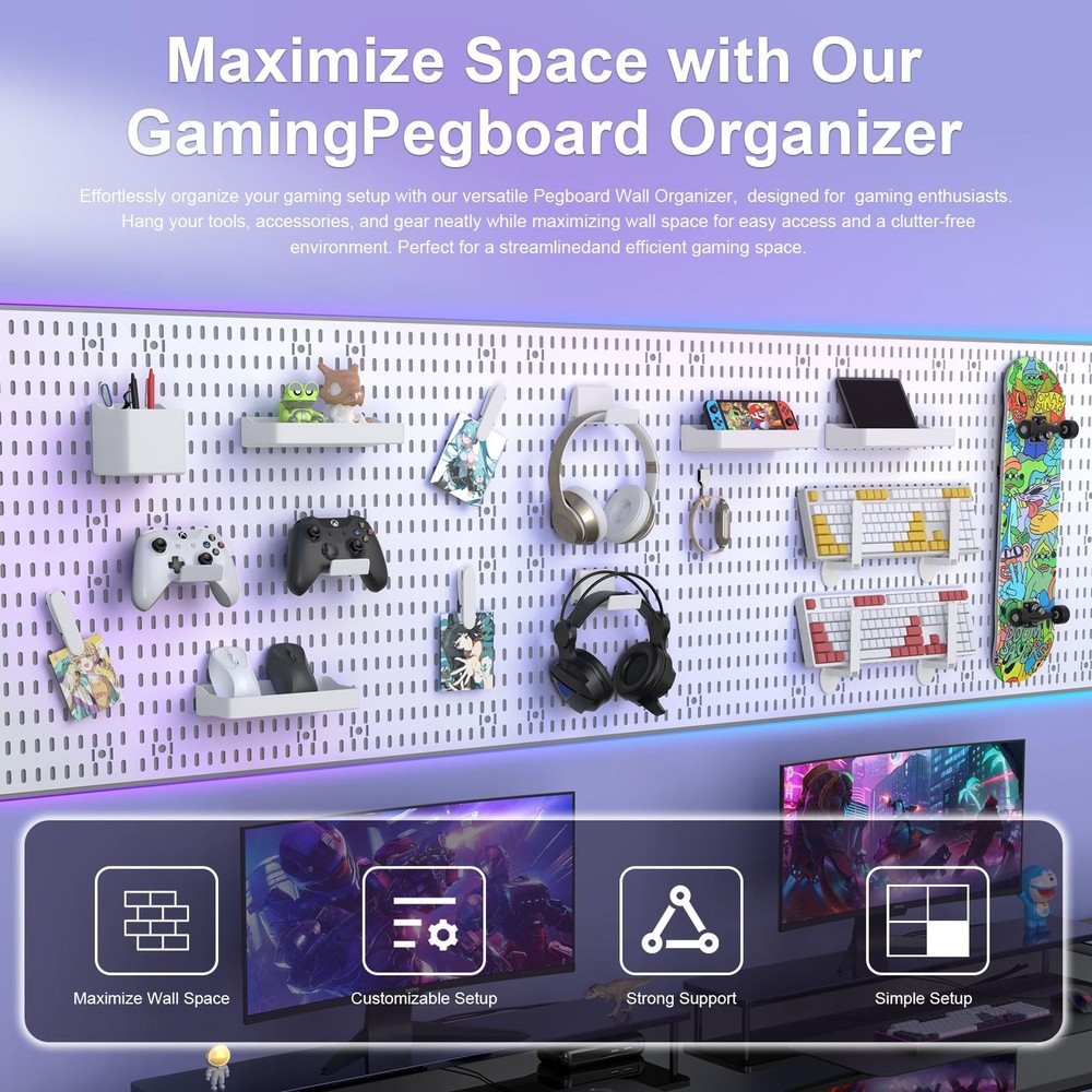Peg Board, 4 Pack PP Plastic Pegboard Panels, White Pegboards Wall Organizer,...