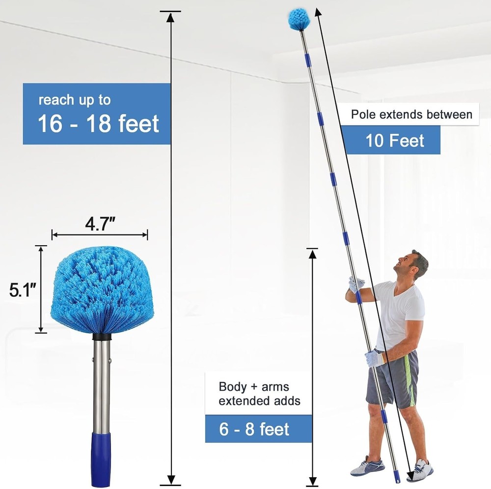 Extendable 10 FT Soft Bristle Cobweb Duster for Easy Indoor & Outdoor Cleaning