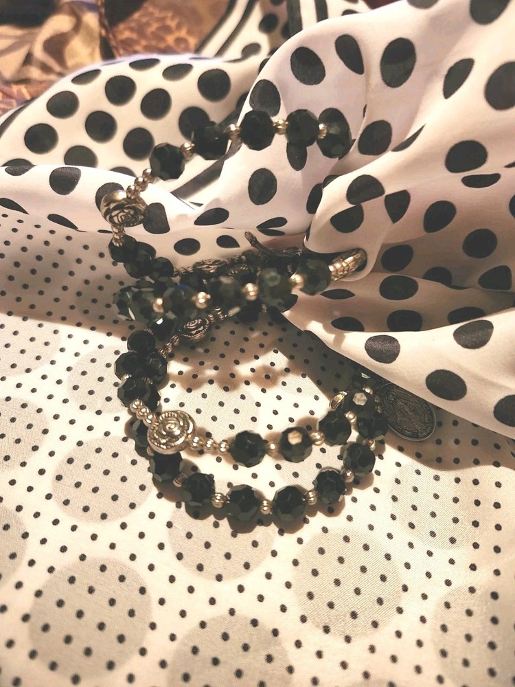 Artisan Hand Crafted Black & Silver Crystal Bead Wraparound Rosary Bracelet