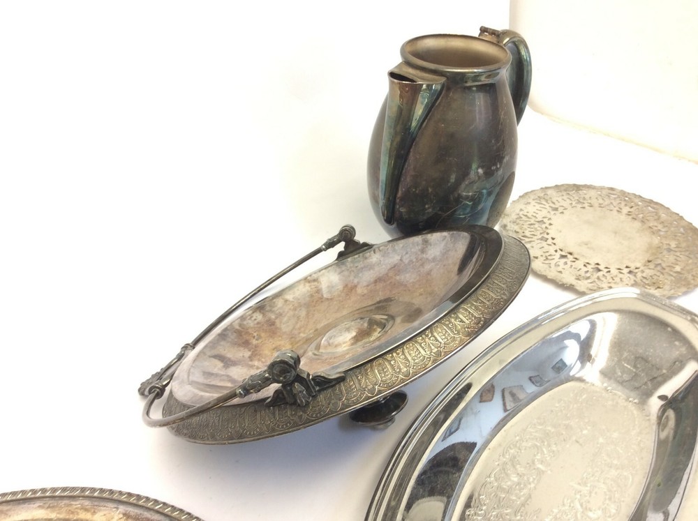 Mixed Vintage Lot Used Metal Silverplate Pewter Trays Pitcher Platters Parts