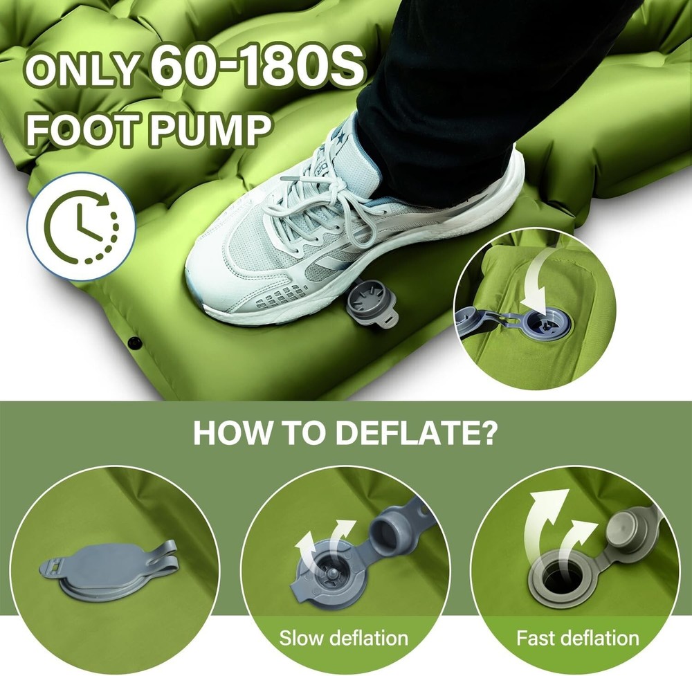 Double Sleeping Pad - Self Inflating 4" Thick w/Pillow Pump Camping Mat Pro