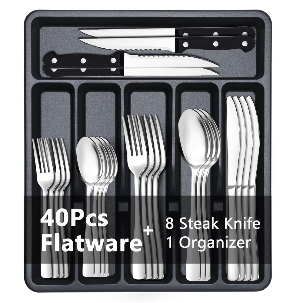 49-Piece Silverware Set with Organizer - Stainless Steel Silverware Set for 8...