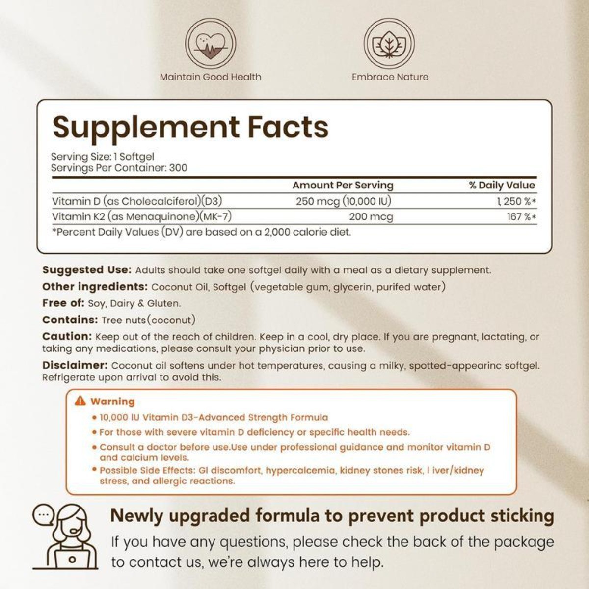 VEV Vitamin D3 K2 10000 IU, 300 Coconut Oil Softgels, 2-in-1 D & K Supplement