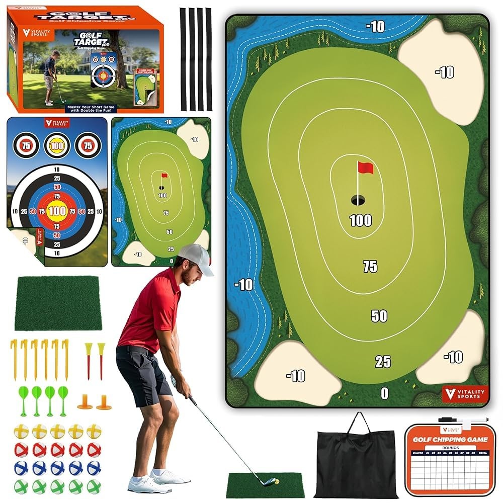 Golf Chipping Game with Hitting Mat, 72"x48" Double-Sided Sticky Golf Practic...