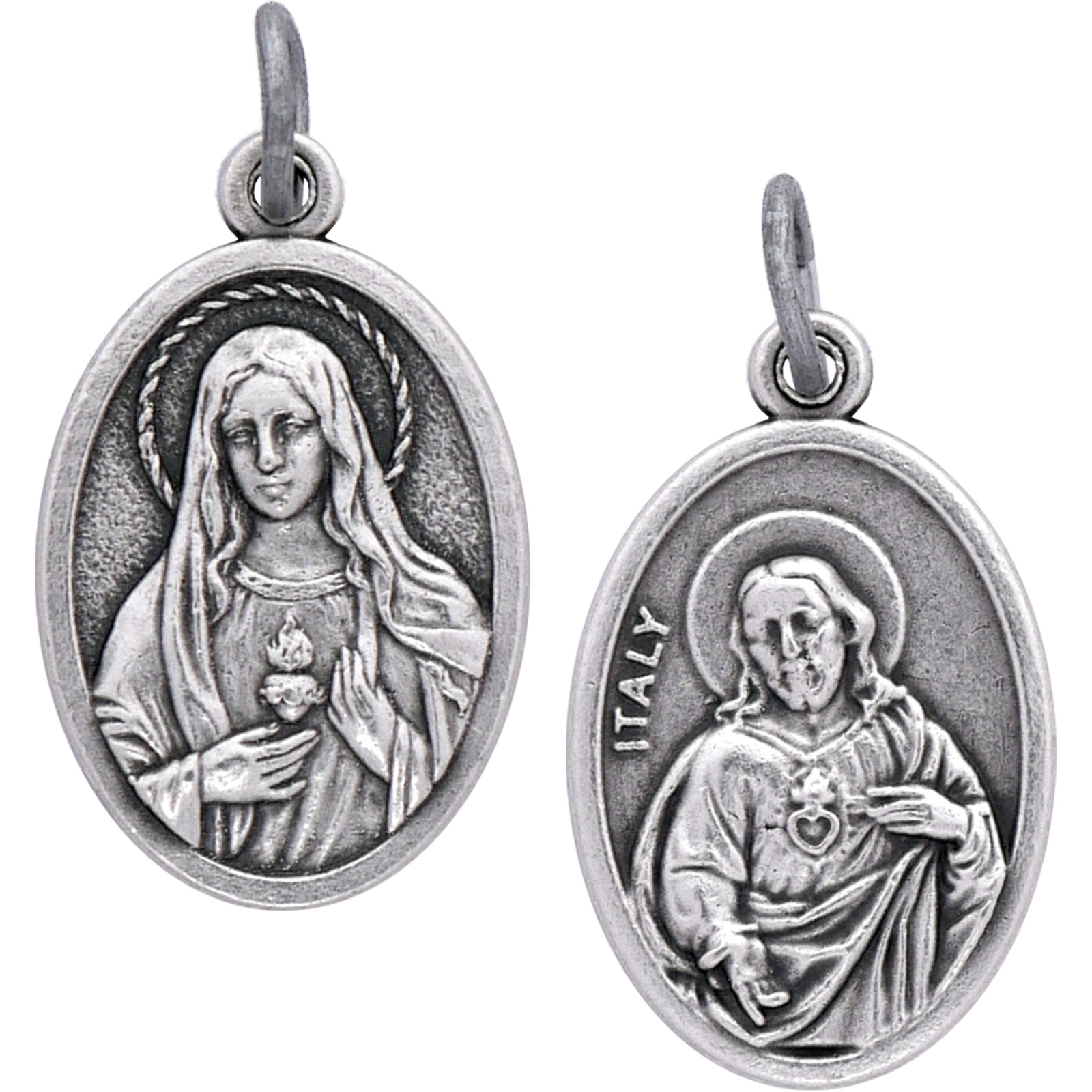 100 Sacred and Immaculate Heart Twin Hearts Bulk Silver-Plated Medals — Italy