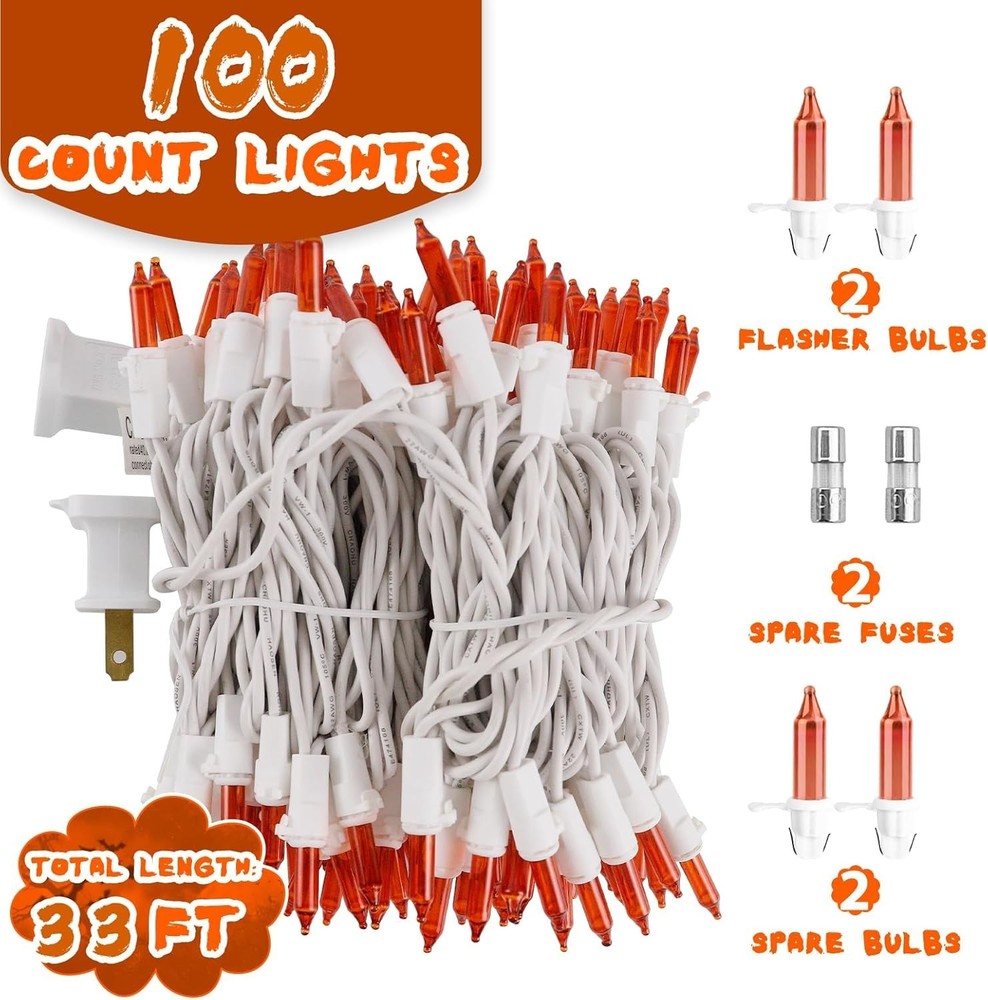 Christmas Mini String Lights Orange, 33FT 100 Count Incandescent Connectable