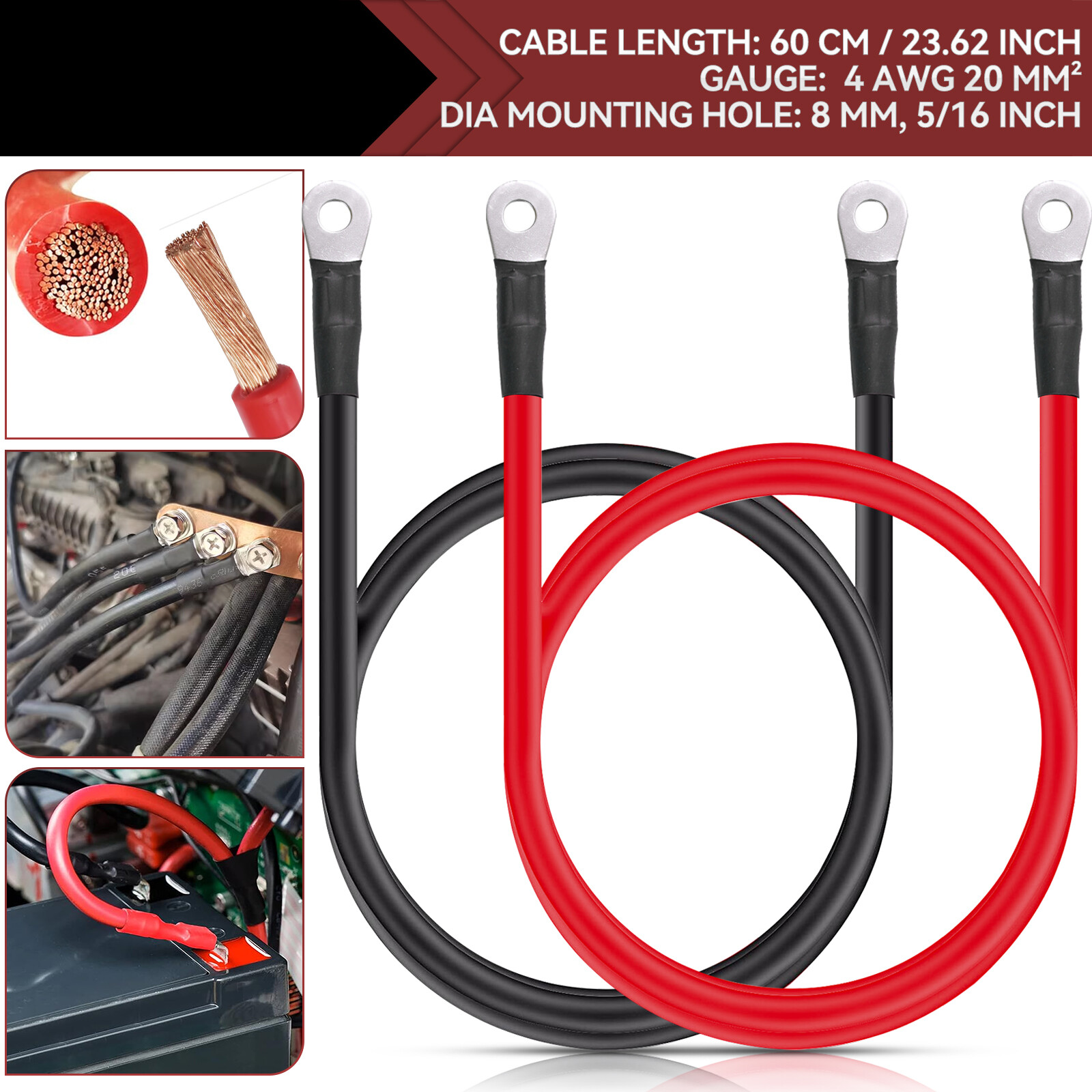 Battery Inverter Positive Negative Cables Set 4 AWG 4 Gauge Pure Copper For RV