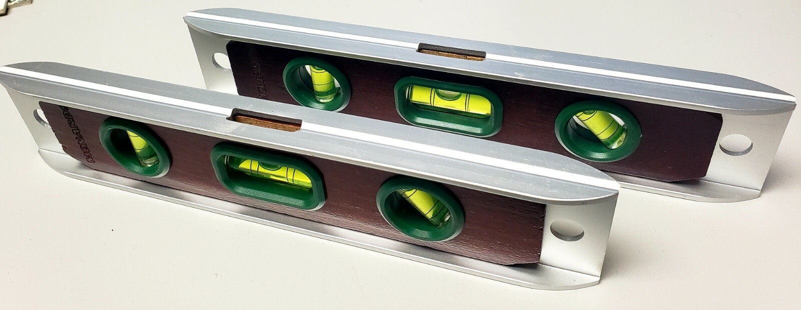 LOT (2) 9" Torpedo Level with 3 Vials Aluminum Frame V Groove Top, Wood sides