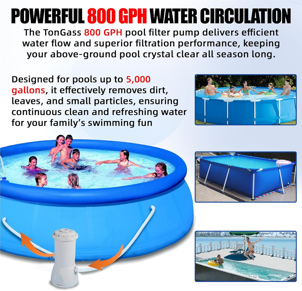 800 GPH Pool Filter Pump for above Ground Pools, Powerful Circulation System wit