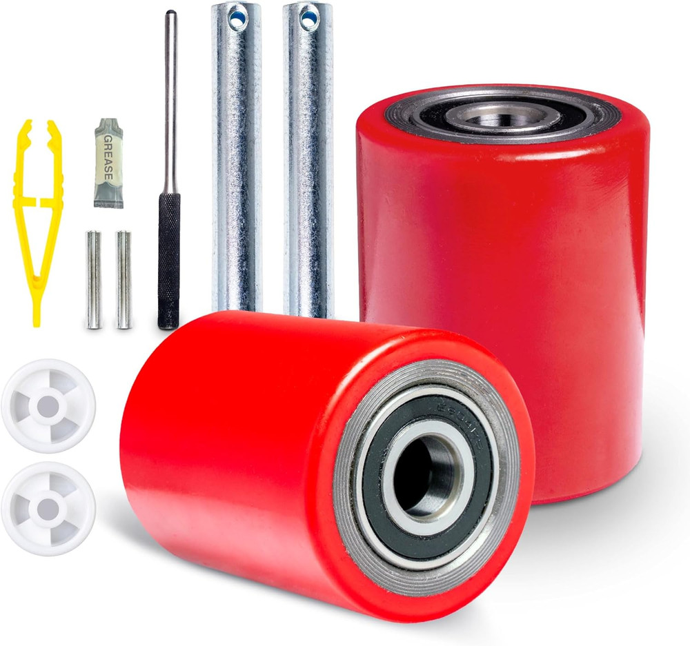 Pallet Jack Wheel Set with Axles and Rollers, 3" x 3.75", Poly Tread Red