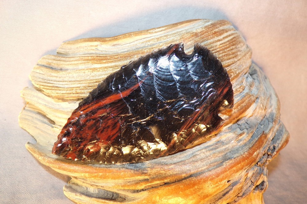 Triple Flow Obsidian Snyders Arrowhead Atlatl Spear Point Flint Knapping COA