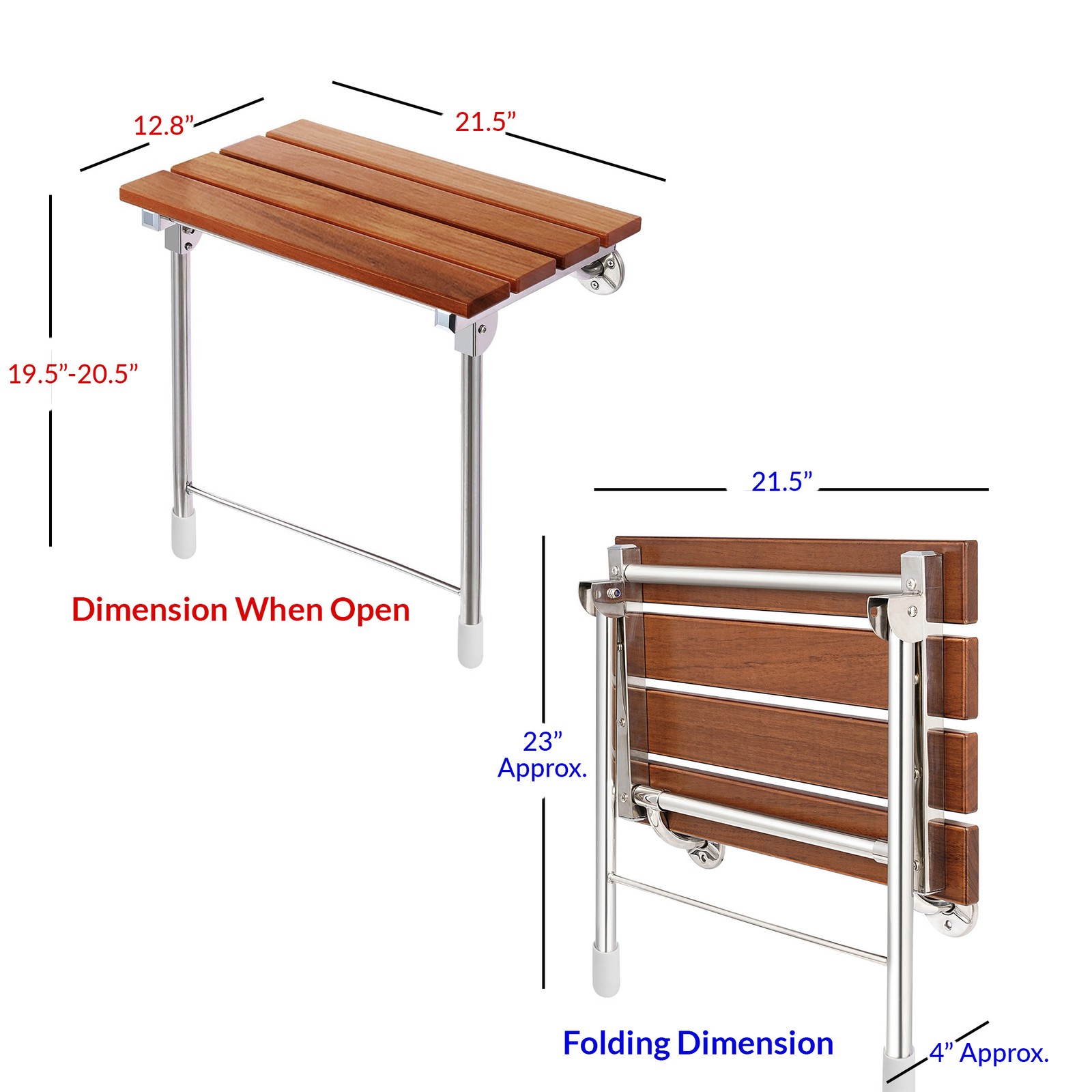 Foldable 21.5" Teak Wood Shower Seat Bench with Supporting Legs Wall Mounted