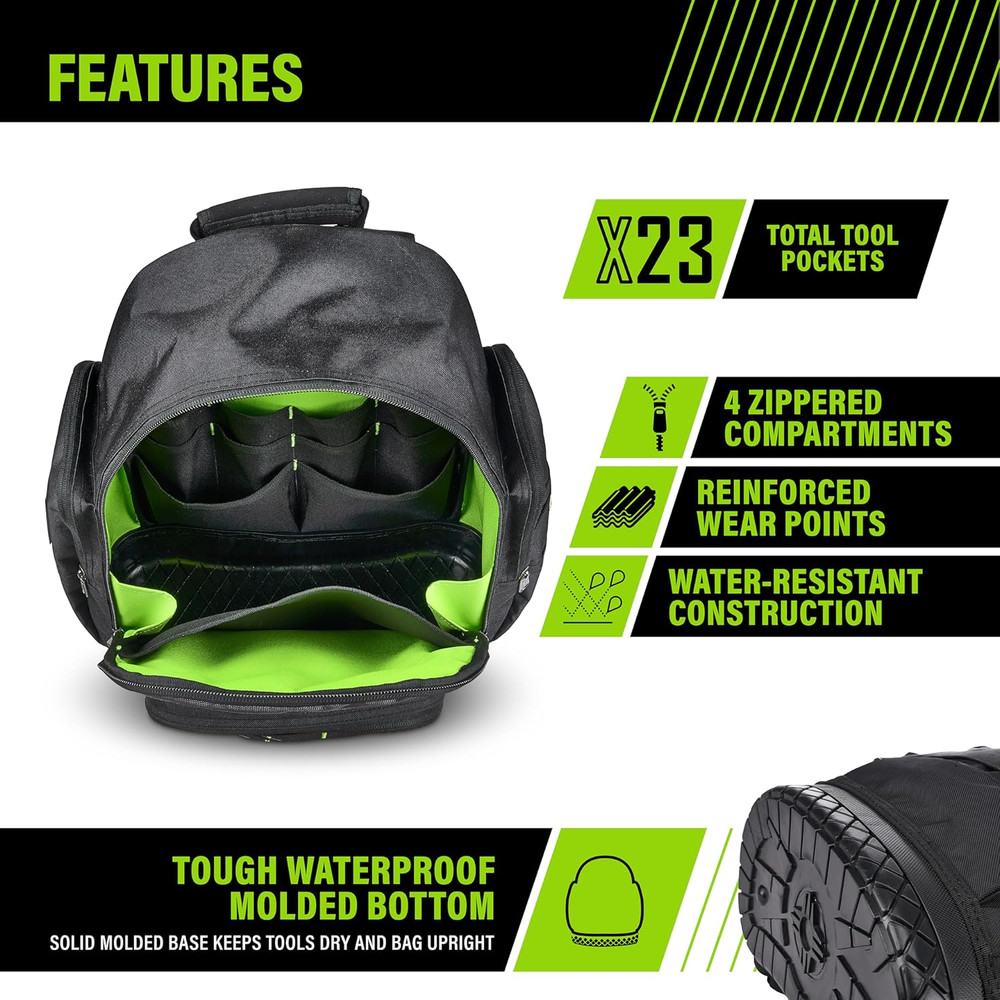 Extreme Tool Backpack, Rugged Polyester Jobsite Backpack with Waterproof Molded