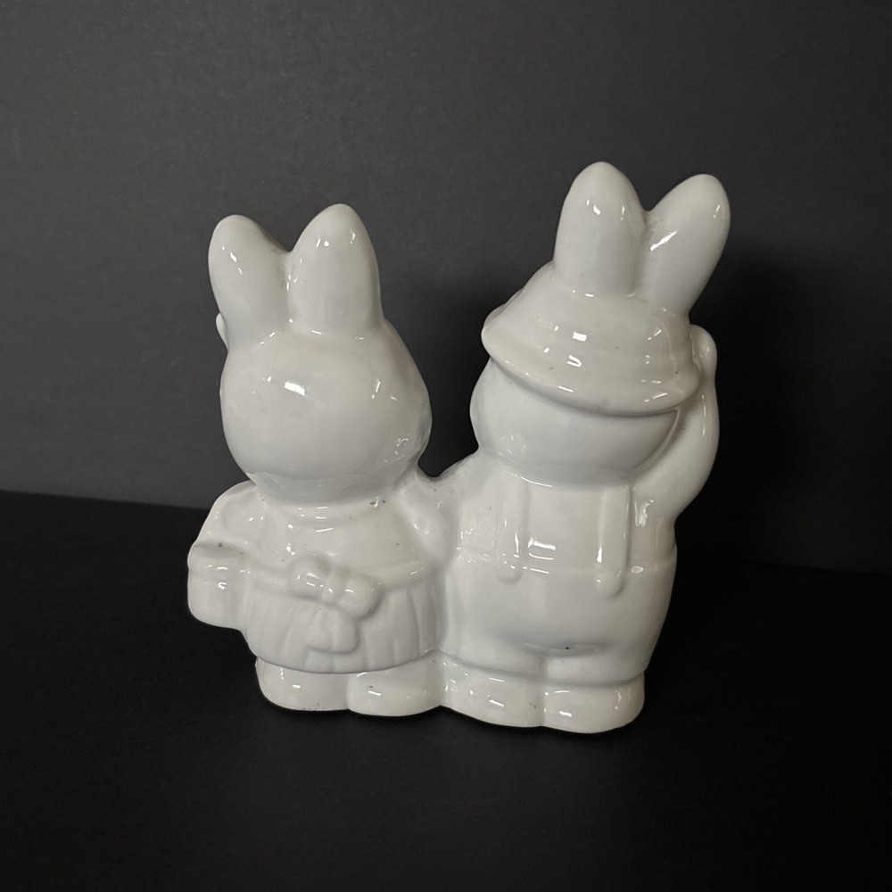 Conjoined Solid White Farmer Boy & Girl Bunny Rabbits. Easter Decor.pre-owned.