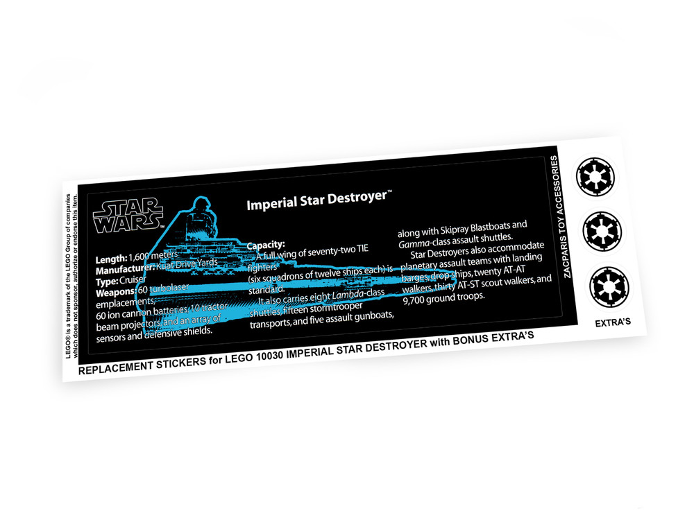 CUSTOM STICKERS for STAR WARS Set 10030 IMPERIAL STAR DESTROYER & MODEL DISPLAY
