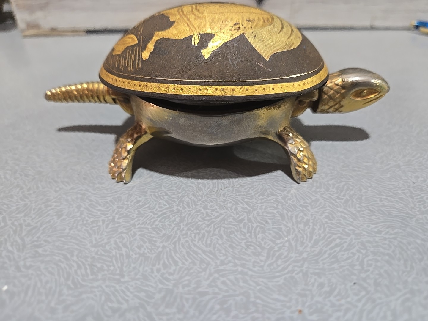 Vintage damascene brass turtle hotel/desk bell made by BOJ in Eibar, Spain