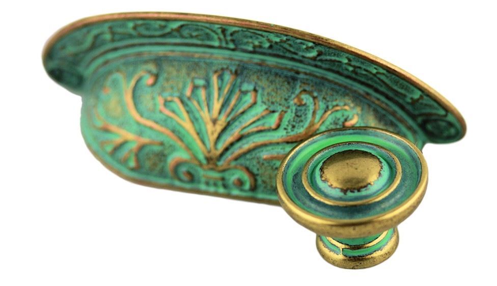 2-1/2" Baroque Scroll Work Design Cup Pull Verdigris