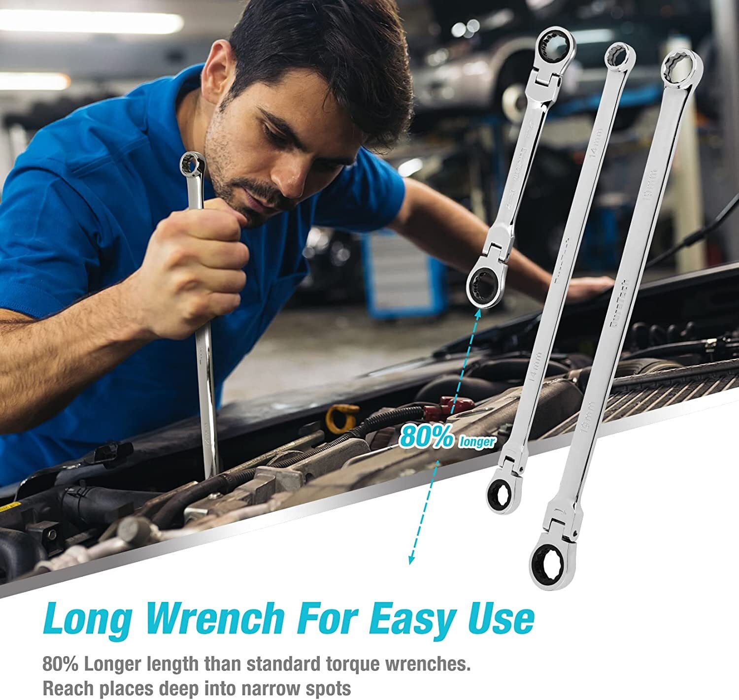 DURATECH 27PCS Extra Long Ratcheting Wrench Set Flex Head 8-22mm Socket Adapters